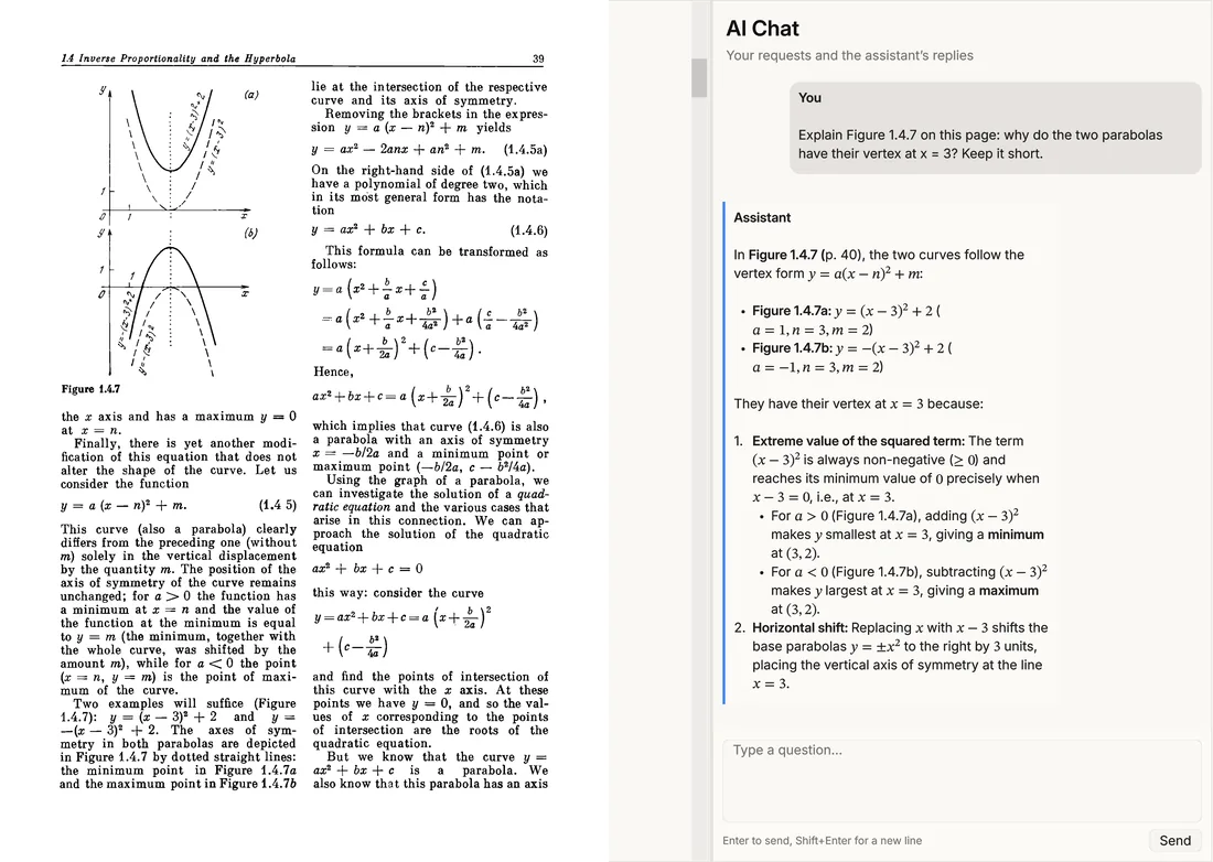 A textbook page on the left and Kaho's AI chat on the right, explaining with typeset equations why both parabolas in the figure have their vertex at x equals 3.