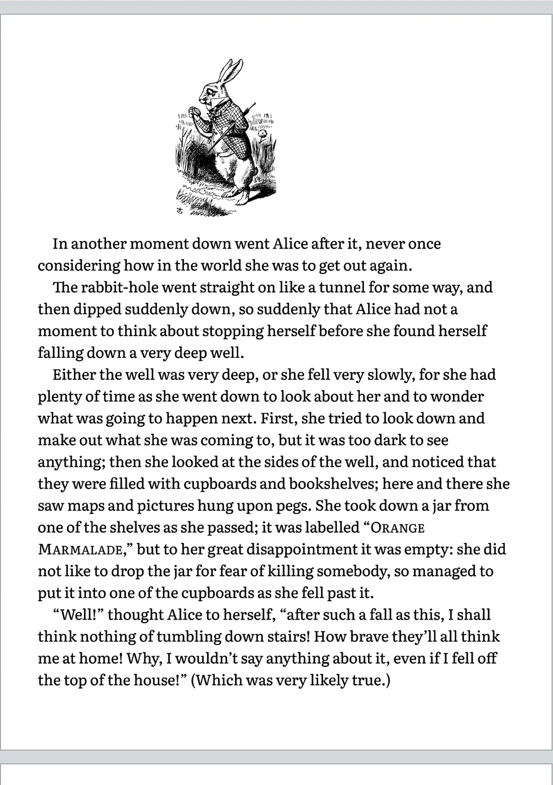 A page of the Standard Ebooks edition of Alice's Adventures in Wonderland: John Tenniel's White Rabbit above the text, with the jar labelled Orange Marmalade set in small capitals.